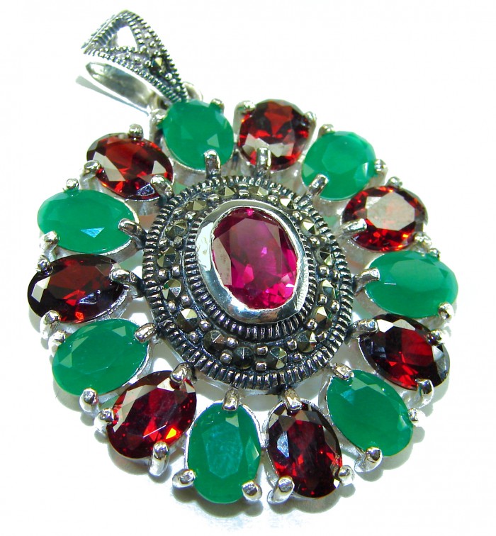 Giovanna 22.2 carat authentic Ruby Emerald Marcasite .925 Sterling Silver handmade Pendant - Close-up of a vibrant ruby, emerald, and marcasite pendant.