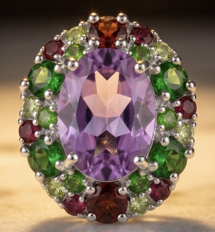 Lavender Beauty authentic 12.2 carat Amethyst .925 Sterling Silver dipped in rhodium handcrafted earrings - Close-up of Lavender Beauty Amethyst ring with multicolored stone halo.