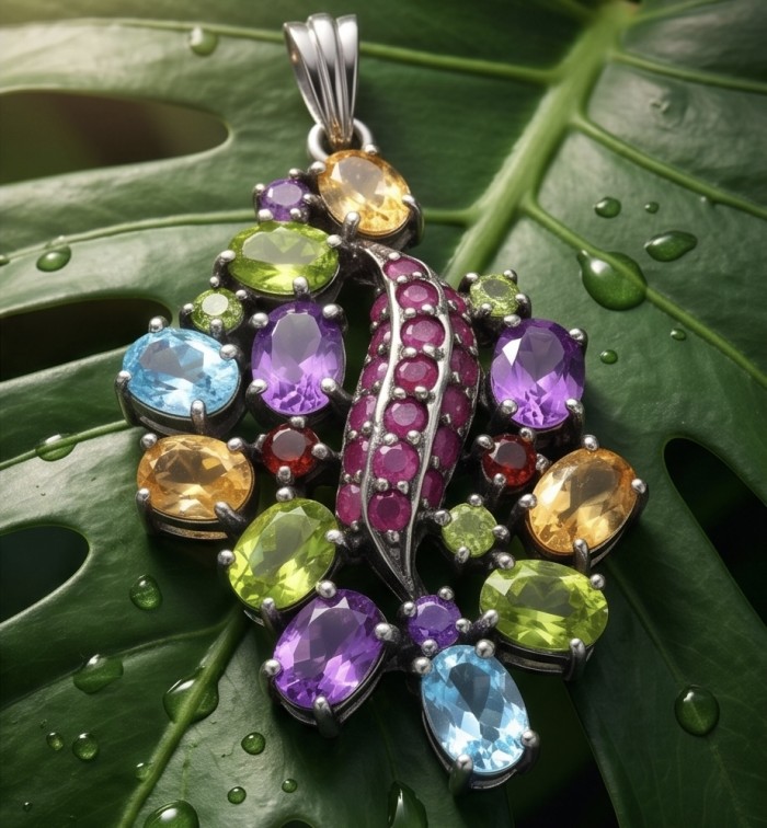 Summer Breeze Precious Multigem .925 Sterling Silver .925 Sterling Silver dipped in black rhodium Pendant - Colorful gemstone pendant on leaf, front view, Summer Breeze design.