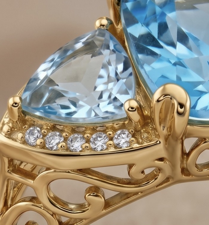 Atlantica 29.4 carat fancy assher cut Swiss Blue Topaz 18K Gold over .925 Sterling Silver handcrafted ring size 7 1/4 - Close-up of Atlantica 18K gold ring with Swiss Blue Topaz stones.
