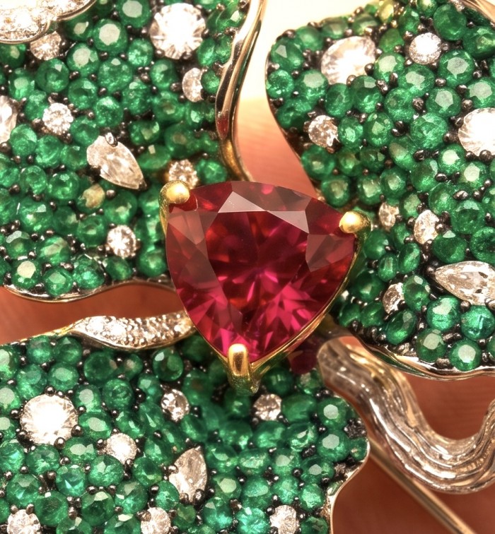 Black Label Collection - Retro Style - Rose Genuine 6.5 carat Ruby 5.2 pave Emerald .925 Sterling Silver dipped in rhodium handmade Pendant - Brooch - Close-up of rose gemstone with emerald and diamond accents.