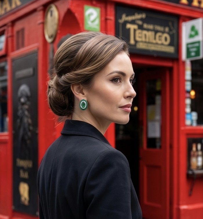 Julietta 12.5 carat Colombian Emerald .925 Sterling Silver handmade Statement earrings - Side view of woman wearing Julietta Colombian emerald earrings