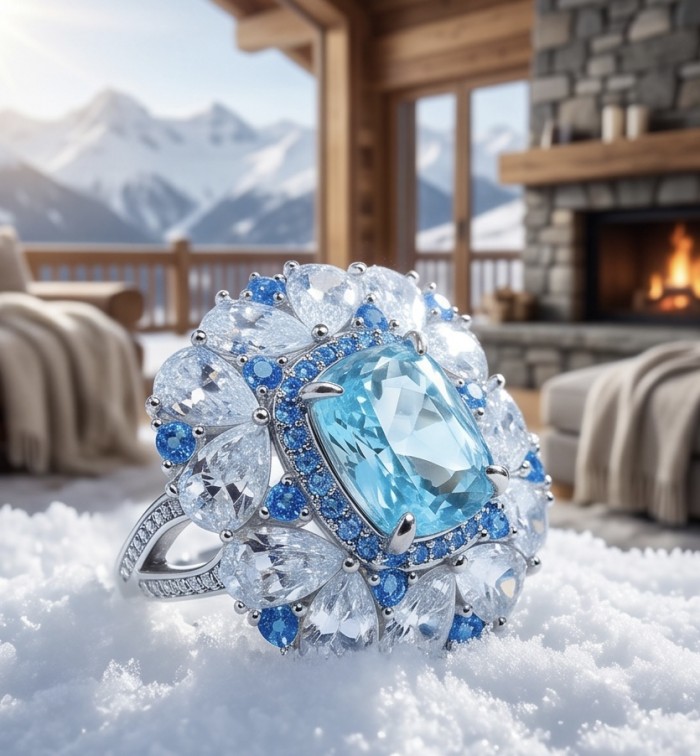 Mademoiselle - 24.5 carat natural Swiss Blue Topaz .925 Sterling Silver dipped in Rhodium handcrafted Large Statement Ring size 9 1/4 - Close-up of Swiss Blue Topaz ring on snowy surface, fireplace background