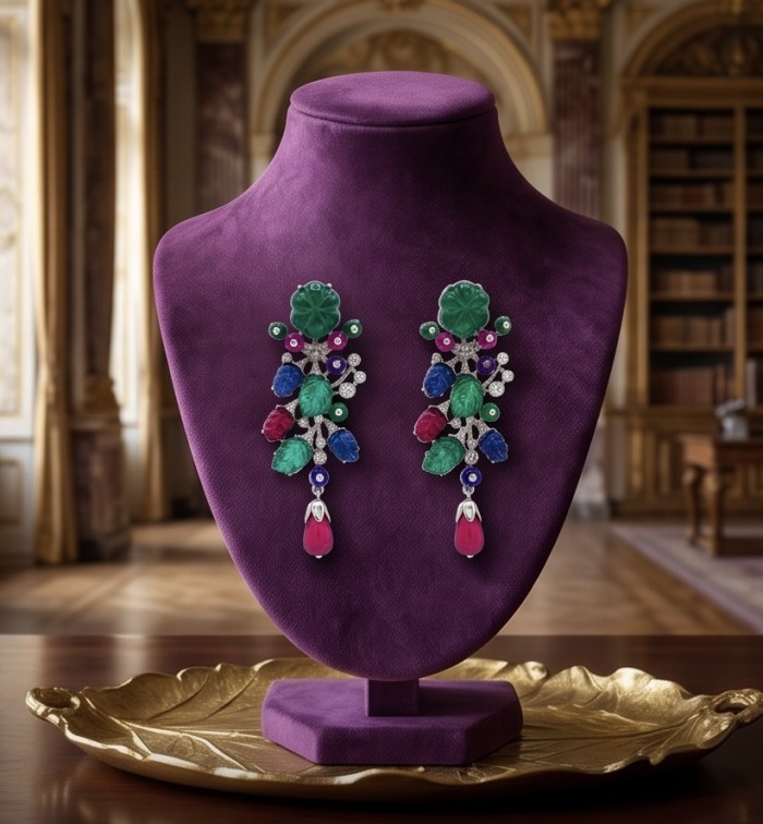 RARE BEAUTY! Valentina 28.2 carat CARVED Ruby Emerald Sapphire .925 Sterling Silver dipped in rhodium Statement handcrafted earrings - Elegant carved gemstone earrings on a purple display stand, front view.