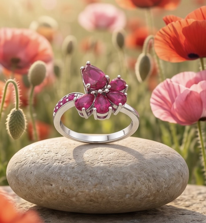 My Sweet Heart Natural 4.8 carat Mozambique Ruby .925 Sterling Silver Handcrafted Cocktail Ring s. 8 - Ruby ring on stone with poppy field background, angled front view.