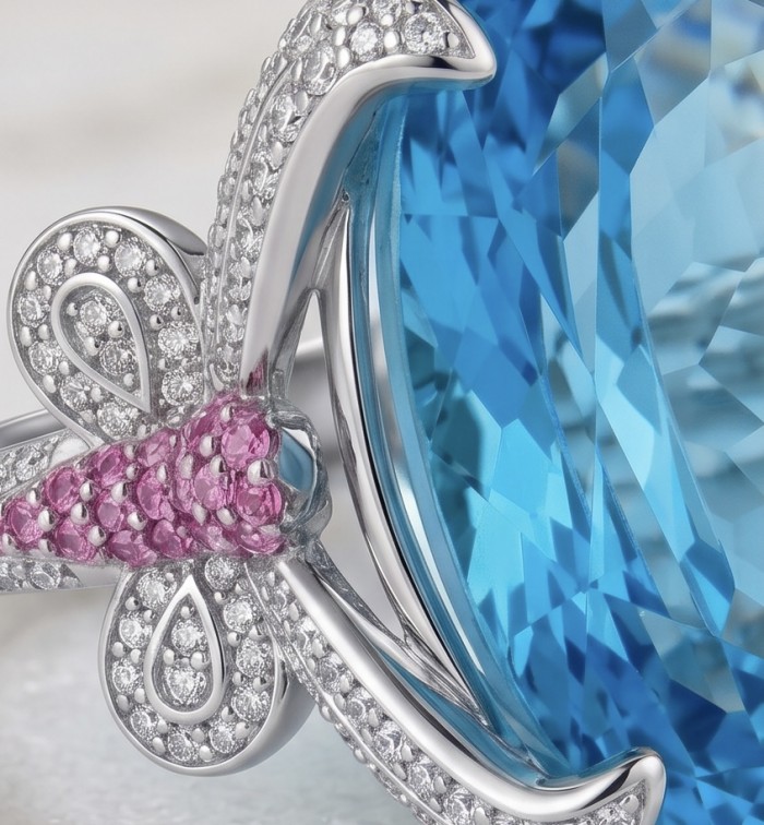 Pacifica - Authentic 30.8 carat Swiss Blue Topaz Rhodium over .925 Sterling Silver handcrafted Large Statement ring size 6 - Stone close-up of Pacifica Swiss Blue Topaz with diamond accents