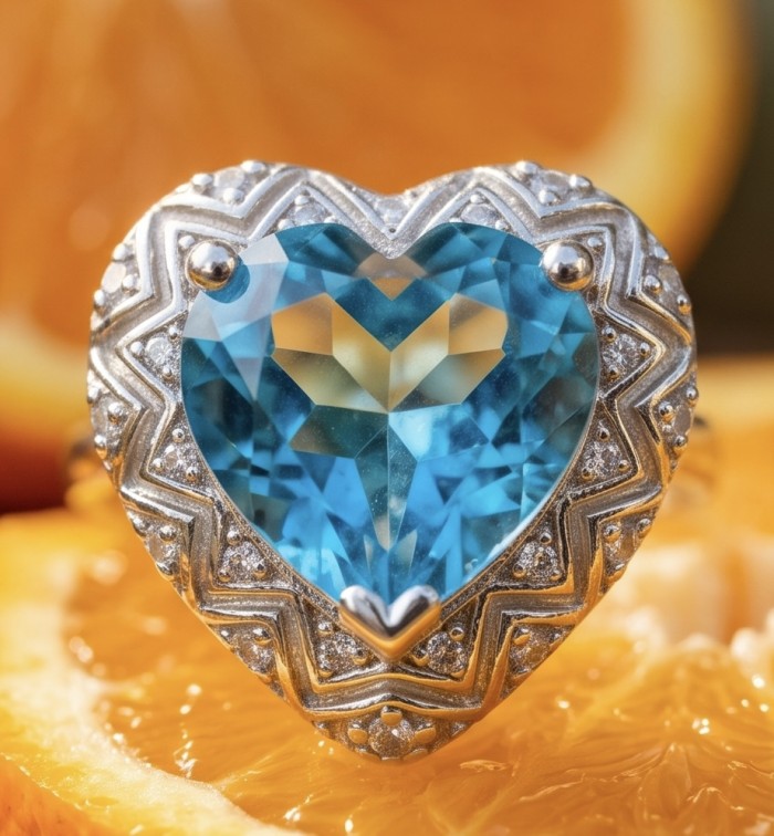 Venus's Heart 8.8 carat Swiss Blue Topaz .925 Sterling Silver dipped in rhodium handcrafted ring size 7 - Close-up of Venus Heart Swiss Blue Topaz in .925 Sterling Silver
