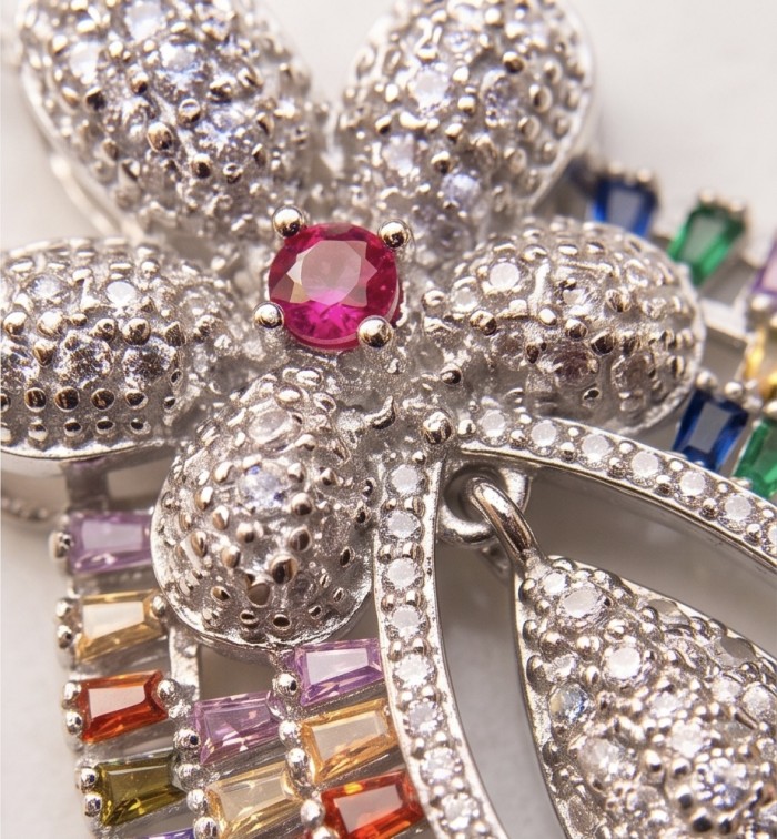 Julietta - Excellent quality 11.9 carat Multigem 18K Rose Gold over .925 Sterling Silver handcrafted Pendant - Close-up of multigem floral jewelry piece with ruby and diamonds.