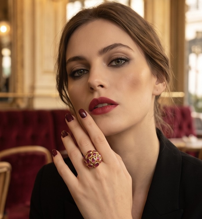 Giovanna 19.7 carat Mozambique Ruby .925 Sterling Silver dipped in 22K Gold handmade Statement Ring size 7 - Woman wearing Giovanna ruby ring, close-up of hand and face.