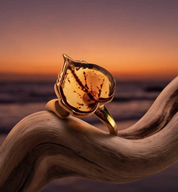 Golden Leaf Authentic Golden carved Baltic Amber .925 Sterling Silver entirely handcrafted ring; s. 8 adjustable - Golden leaf Baltic amber ring on driftwood at sunset, side view