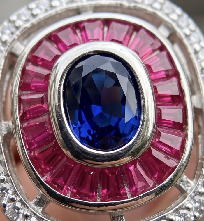 Art Deco 8.6 ctw Sapphire Emerald .925 Sterling Silver handcrafted Statement Ring size 7 1/2 - Close-up of Art Deco sapphire and ruby ring in sterling silver.