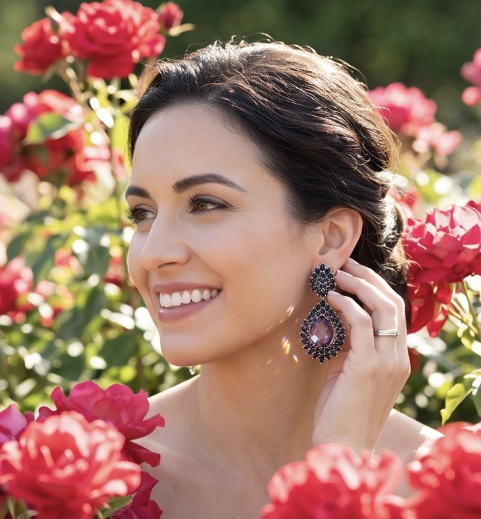 Giuseppina - Authentic 26.5 carat Amethyst Sapphire rhodium over .925 Sterling Silver handcrafted Statement earrings - Woman wearing amethyst sapphire earrings among roses, side view.