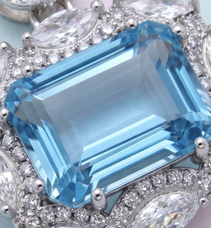 Vintage style boquette cut 12.8 carat Swiss Blue Topaz .925 Sterling Silver DIPPED IN RHODIUM handmade Pendant - Close-up of vintage style Swiss Blue Topaz stone with diamond accents