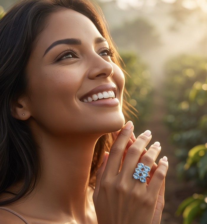 Serenity 18.7 carat genuine Swiss Blue Topaz .925 Sterling Silver handmade Statement ring size 8 1/4 - Woman wearing Serenity Swiss Blue Topaz ring in garden setting.