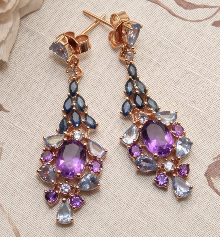 Fiesta Authentic 10.5 carat Multigem .925 Sterling Silver dipped in 18K Rose Gold handcrafted earrings - Top view of multigem silver earrings with purple and blue stones.