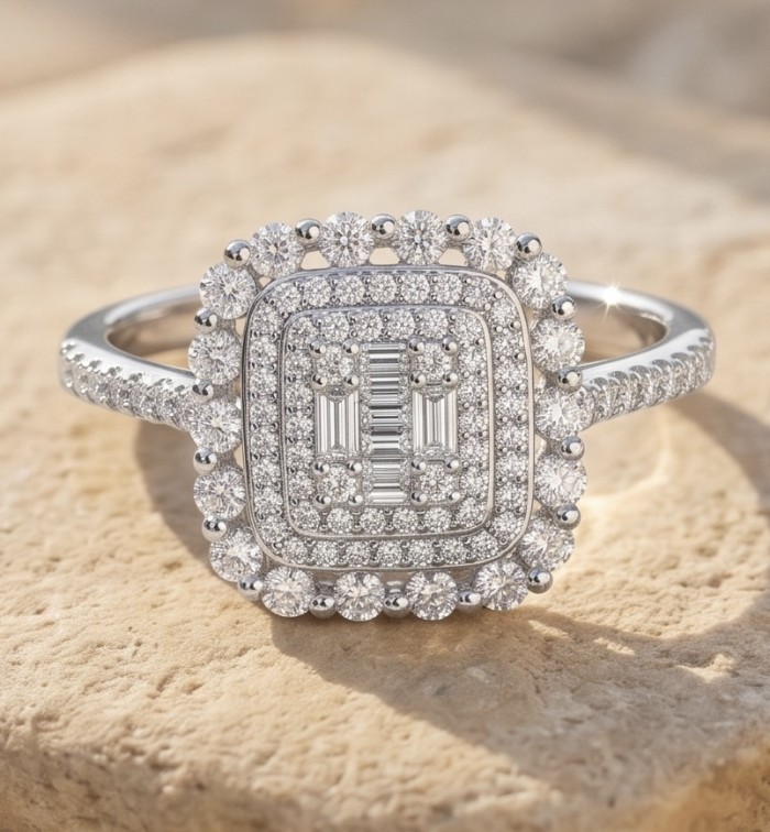 Art Deco Luxurious 6.5 carat White Topaz .925 Sterling Silver ring size 9 - Art Deco white topaz ring close-up on stone background.