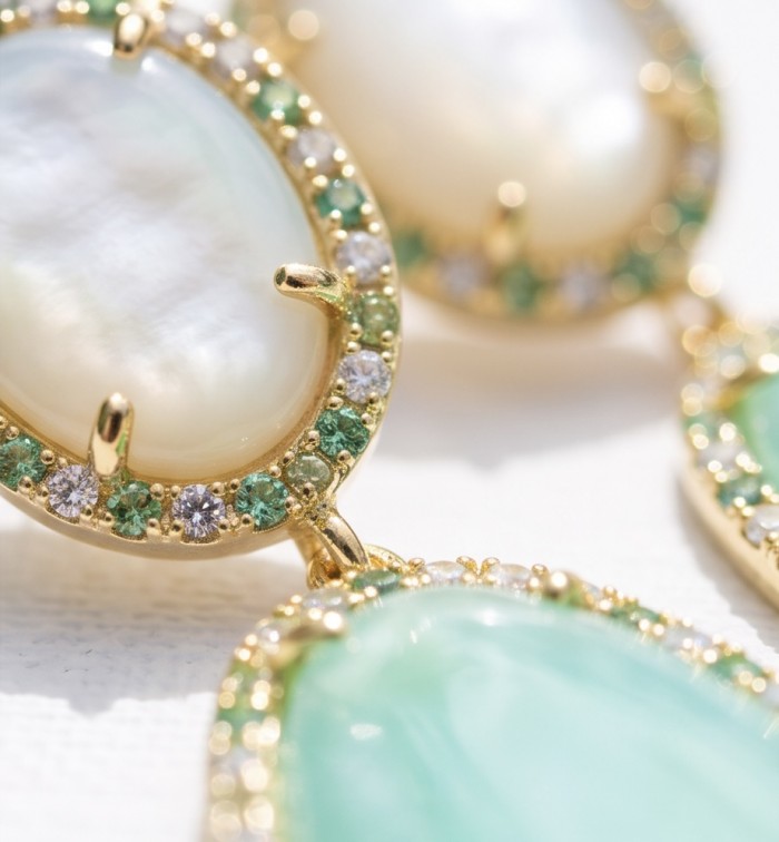 Divine Beauty 38.5 carat Aquamarine 22K Gold over .925 Sterling Silver Handcrafted Earrings - Close-up of aquamarine and pearl stones with gold setting.