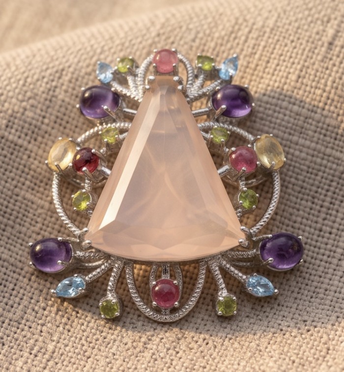 TRILLION CUT genuine 45.5 carat Brazilian Rose Quartz rhodium over .925 Sterling Silver handmade Pendant - Brooch - Trillion cut rose quartz brooch with colorful gemstones, top view.