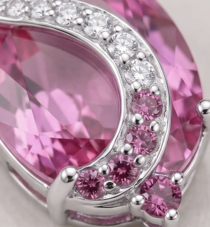 Incredible oval cut 17.8 carat Pink Sapphire .925 Sterling Silver handcrafted pendant - Close-up of oval cut 17.8 carat pink sapphire with smaller pink stones