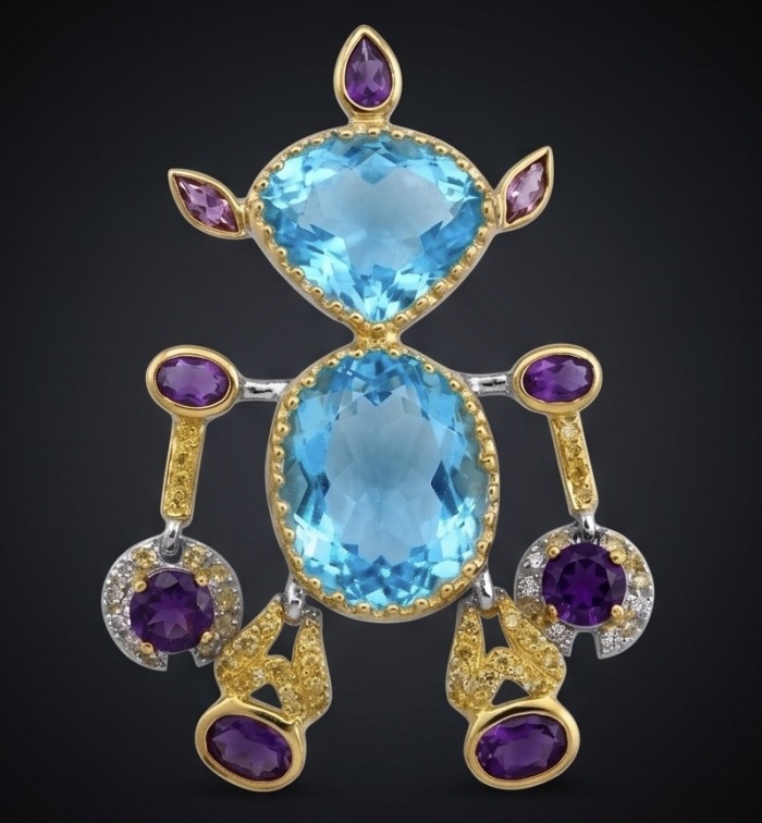 New Age Friend 40.2 carat GEMSTONES 18k Gold over .925 Sterling Silver dipped in Rhodium handmade Pendant - Front view of gemstone brooch with 18k gold and sterling silver accents.