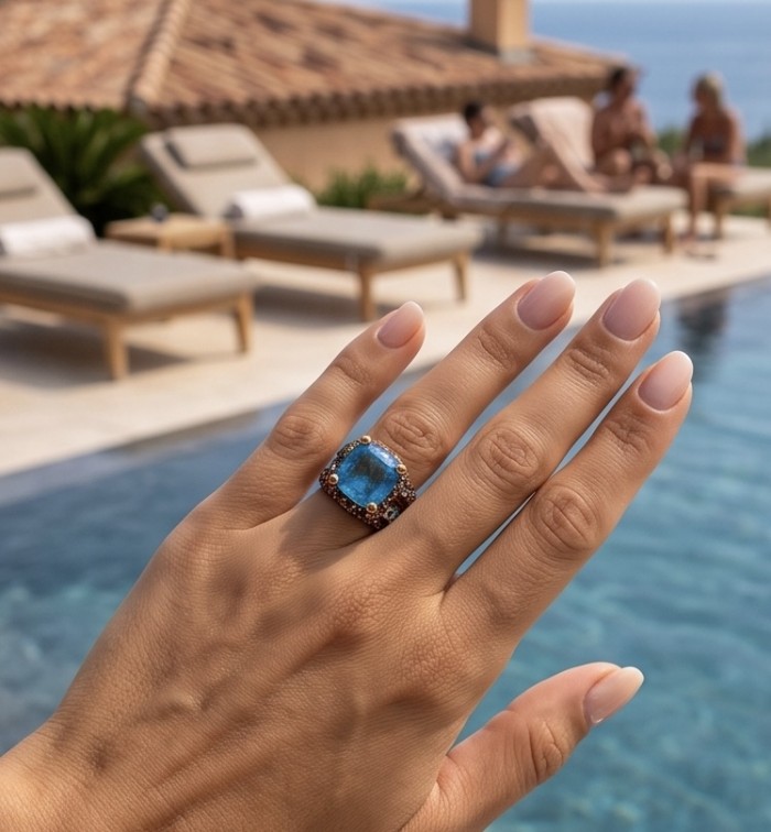 The Ocean Empress 28.8 carat Swiss Blue Topaz 5.2 carat Sapphire 22K Gold over .925 Sterling Silver dipped in rhodium handcrafted ring size 6 - Swiss Blue Topaz ring worn on hand by a poolside.