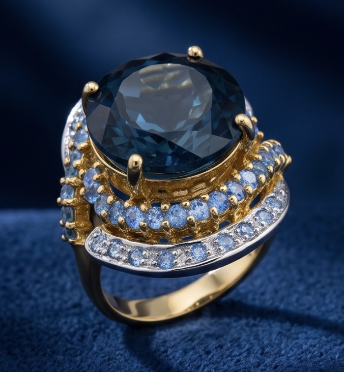 The Wheel of Time 12.8 carat authentic London Blue Topaz 18k Gold over.925 Sterling Silver handmade Statement Ring size 7 1/4 - Close-up of a ring featuring a 12.8 carat London Blue Topaz