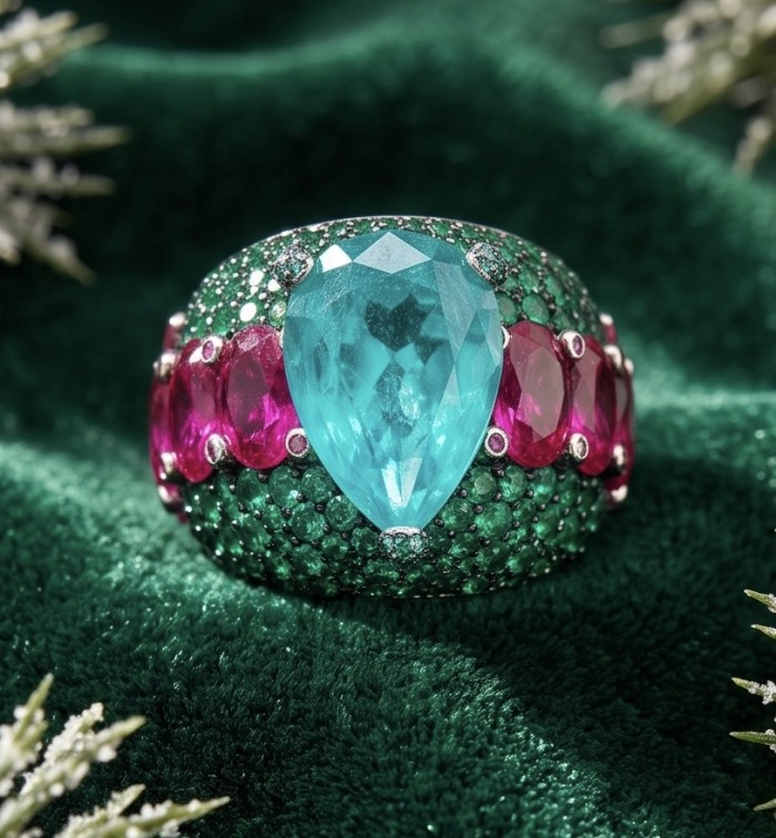 Iconic design - Natural 14.5 carat Emerald 6.8 carat Ruby Sapphire rhodium over .925 Sterling Silver handcrafted ring size 7 - Close-up of emerald and ruby ring on green fabric