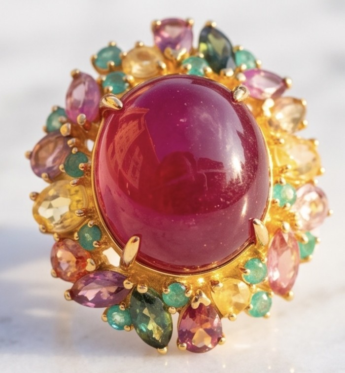 King of Gems Genuine 24.5 CARAT Mozambique Star Ruby 22K Gold over .925 Sterling Silver Large Statement Ring size 7 1/4 - Colorful gemstone ring with ruby center, top view close-up.