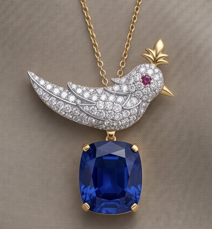 Bird on a Rock - Iconic design - Genuine 12.5 carat Sapphire 18K Gold over .925 Sterling Silver handmade Brooch - Bird-shaped pendant with sapphire, front view.