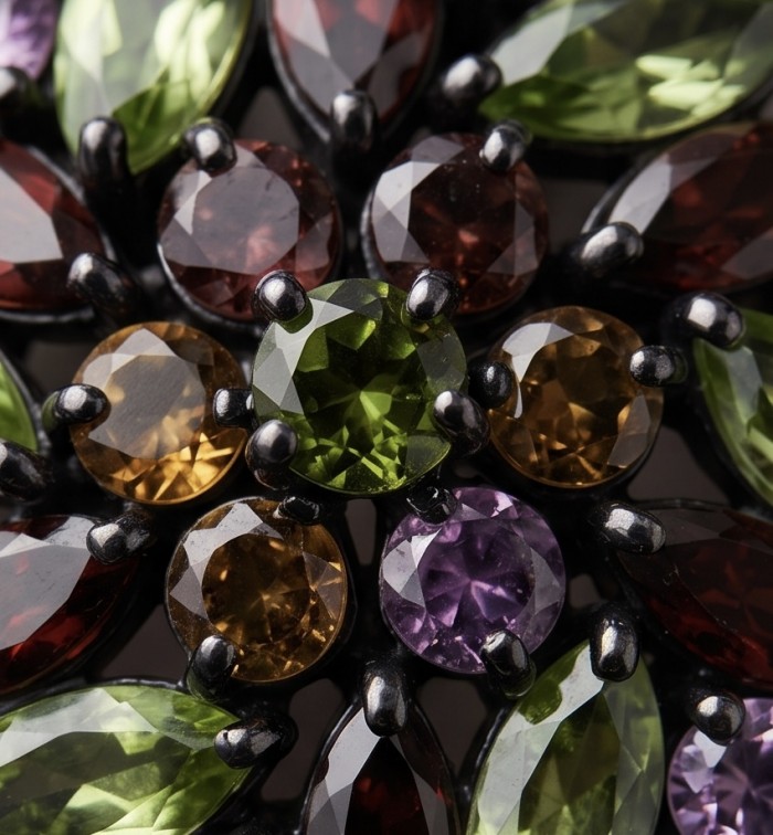 Fiesta Authentic 14.5 carat Multigem .925 Sterling Silver dipped in black rhodium brilliantly handcrafted Ring size 8 1/2 - Close-up of multigem stones on sterling silver jewelry piece
