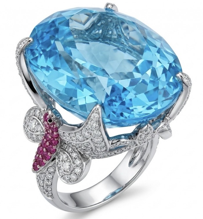 Pacifica - Authentic 30.8 carat Swiss Blue Topaz Rhodium over .925 Sterling Silver handcrafted Large Statement ring size 7 1/4 - Close-up of Swiss Blue Topaz ring with butterfly detail.