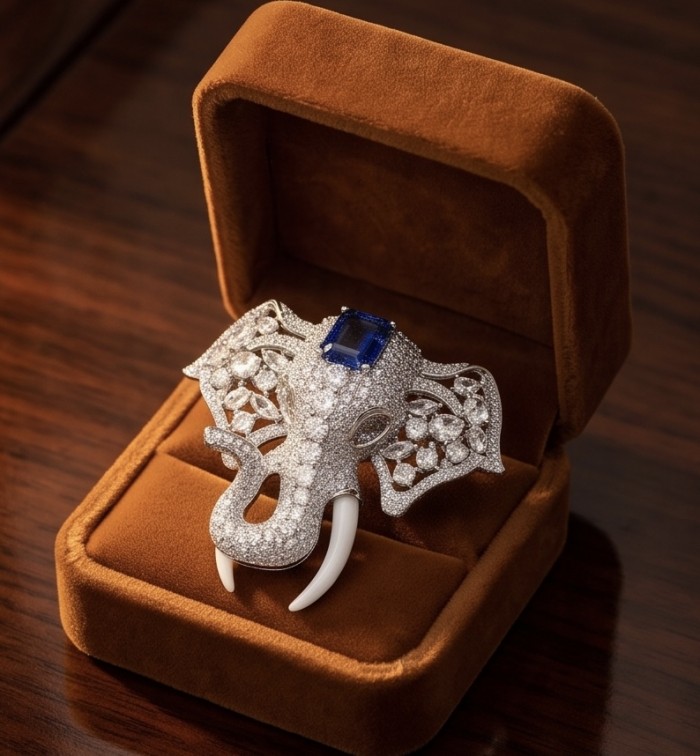 Attract YOUR Luck - ELEPHANT- 5.2 CARAT Sapphire .925 Sterling Silver dipped in rhodium handcrafted Pendant Brooch - Elephant-shaped brooch with sapphire, top view in open velvet box.