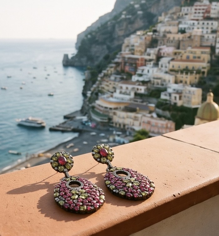 Isabella - 5.9 carat natural Pink Tourmaline 3.1 carat Green Tourmaline black rhodium over .925 Sterling Silver handmade Statement earrings - Earrings with pink tourmaline, coast cityscape background, side view