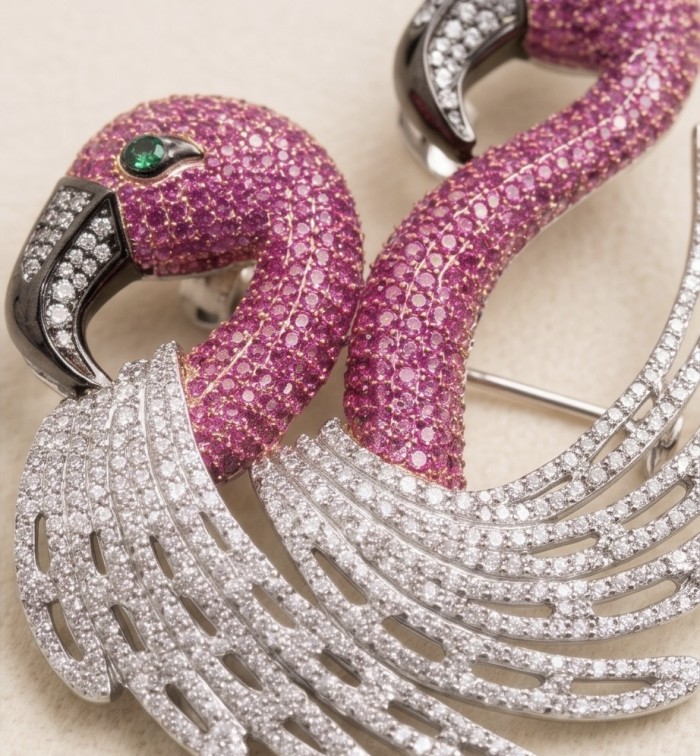 Pink Flamingo 5.7 pave Mozambique Ruby 1.8 carat Moissanite 0.4 carat Emerald .925 Sterling Silver dipped in rhodium handmade Brooch - Close-up of Pink Flamingo brooch with rubies and moissanite details
