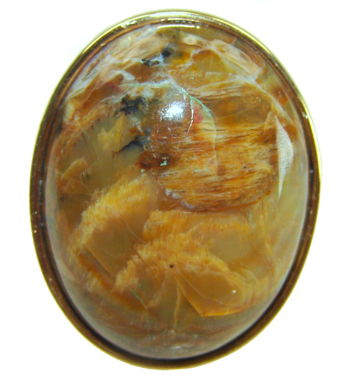 Large Silky Golden Pietersite 14K Gold over .925 Sterling Silver handmade Ring size 8 1/4 - Large silky golden Pietersite stone close-up in golden setting