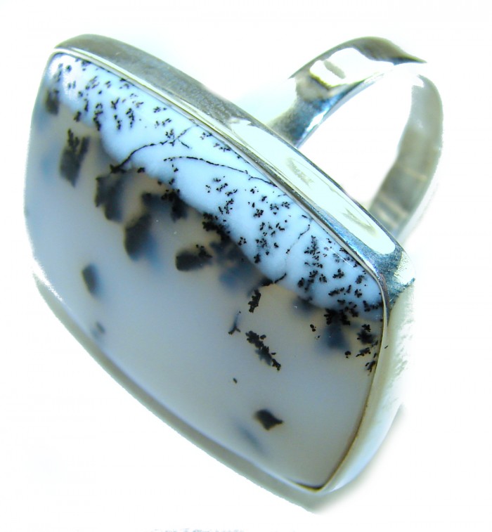 LARGE Top Quality Dendritic Agate .925 Sterling Silver handcrafted Ring s. 7 adjustable - Close-up of dendritic agate ring in sterling silver setting.