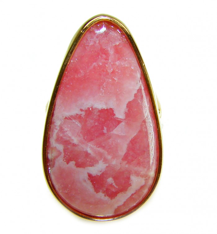 Strawberry Fields - 18.8 CARAT Argentinian Rhodochrosite 18K Gold over .925 Sterling Silver handmade ring size 8 - Close-up of Strawberry Fields argentinian rhodochrosite ring.