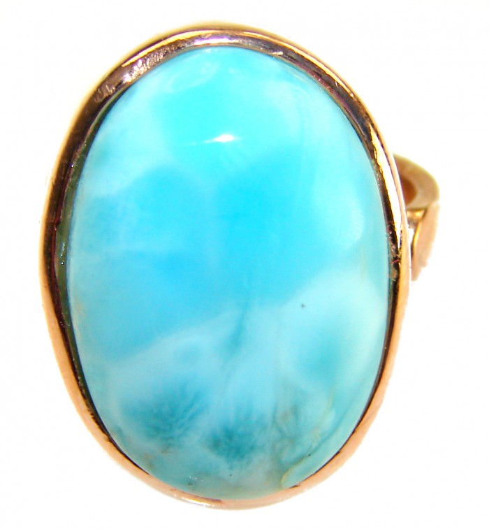 Blue Perfection AAAA QUALITY Blue Larimar 18K rose Gold over .925 Sterling Silver handmade Large ring size 8 adjustable - Close-up of blue Larimar ring with 18K rose gold setting.