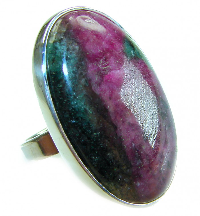 Authentic Ruby in Zoisite .925 Sterling Silver handmade Cocktail Ring s. 8 adjustable - Close-up of Ruby in Zoisite ring, oval stone, sterling silver setting.