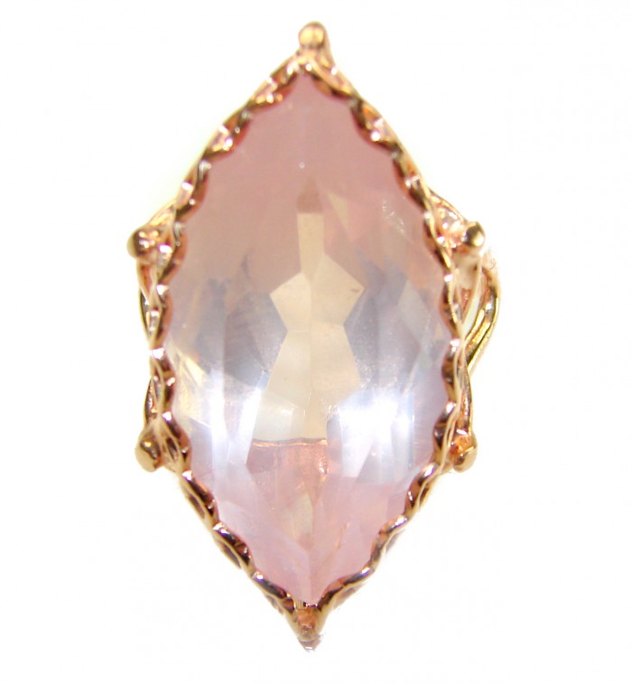 Vintage Design -Brazilian Rose Quartz 28.5 carat 18K Gold over .925 Sterling Silver handcrafted Ring size 8 - Close-up of vintage 18K gold ring with Brazilian rose quartz stone.