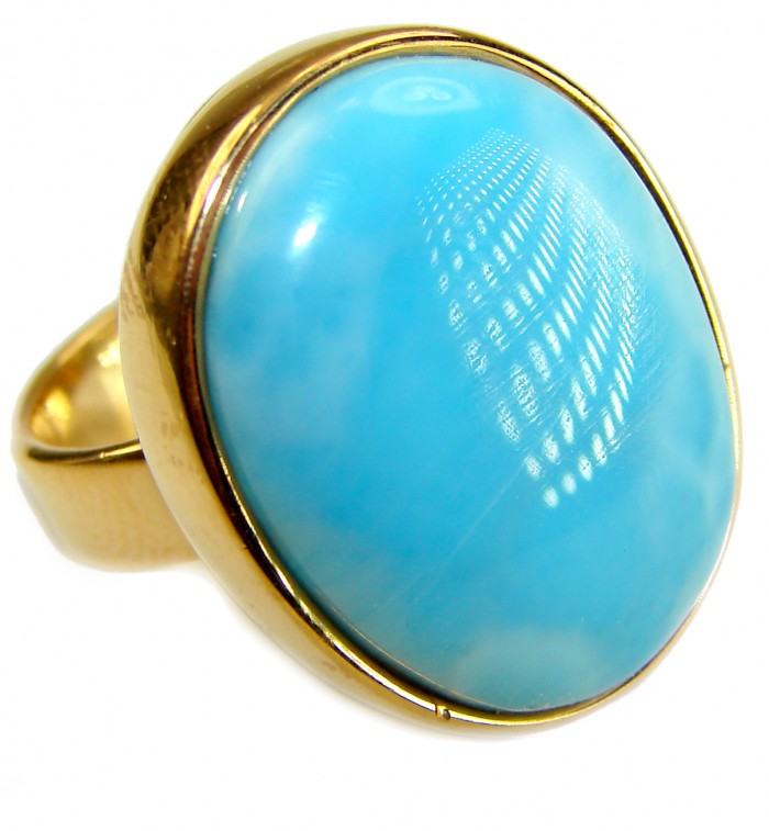 Blue Perfection AUTHENTIC Larimar 18K Gold over .925 Sterling Silver handmade Large ring size 8 adjustable - Blue Larimar ring in 18K gold setting, angled stone close-up.