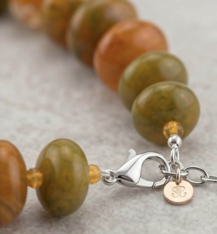 Top quality Rare Unusual Natural Mookiate .925 Sterling Silver Necklace - Clasp detail of Mookaite necklace with .925 sterling silver accents.