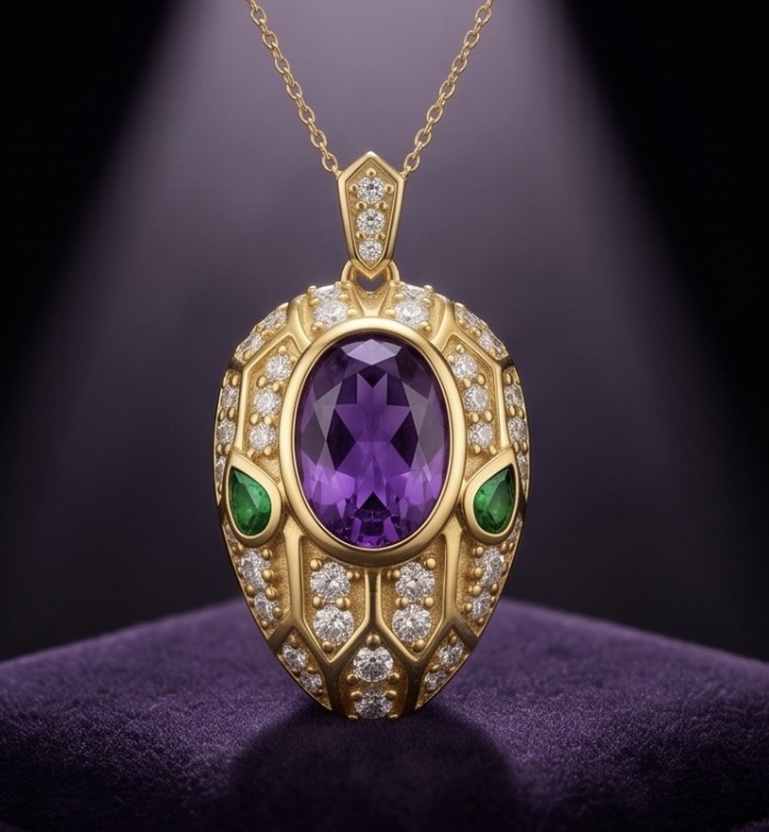 Seducer - Cobra 10.5 carat Amethyst 22K Gold over .925 Sterling Silver handcrafted Pendant - Close-up of Seducer Cobra pendant with amethyst and emeralds.