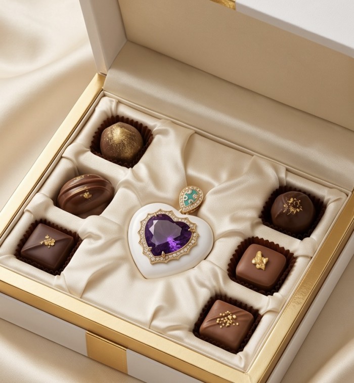Lavender Love 14.5 carat natural Amethyst Enamel 22K Gold over .925 Sterling Silver Handcrafted Pendant - Amethyst heart pendant in gift box, top view with chocolates.