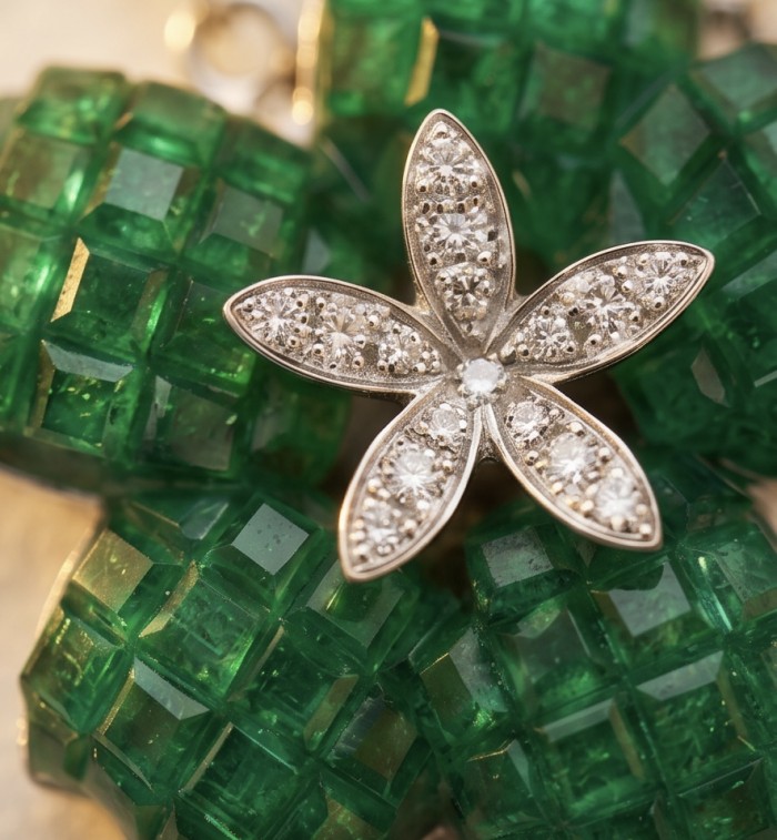 Peace 12.2 carat Graceful Authentic mystery setting Colombian Emerald .925 Sterling Silver handcrafted Statement necklace - Close-up of diamond and emerald jewelry with star-shaped detail
