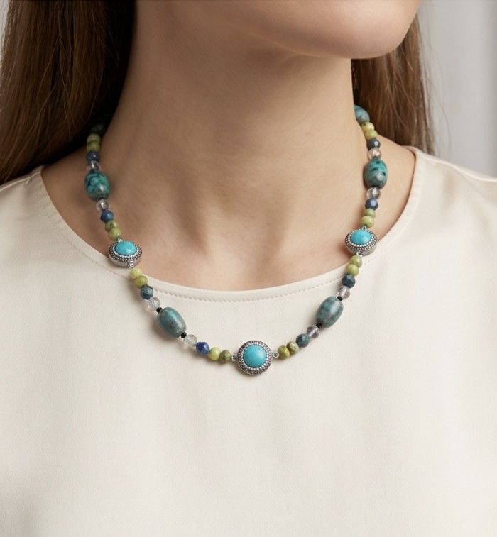 Boho Style - Great quality Turquoise .925 Sterling Silver handcrafted Necklace - Necklace worn on neck, showing turquoise stones and silver details.