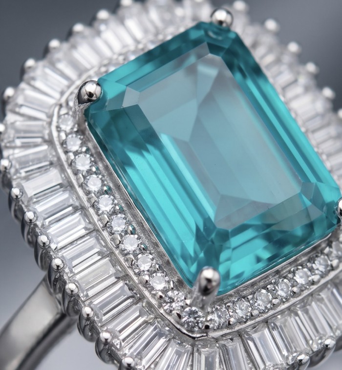 Natural 17.2 carat Colombian Emerald .925 Sterling Silver dipped rhodium handmade Statement Ring size 8 - Close-up of Colombian Emerald ring with diamond accents and silver band.