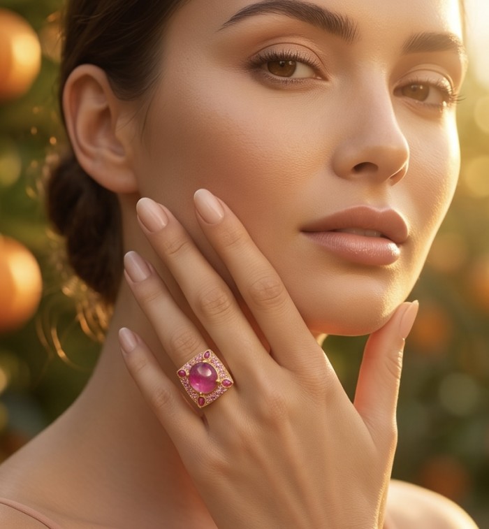 Bella Rosa Genuine 19.5 CARAT MOZAMBIQUE Ruby 22K Gold over .925 Sterling Silver Statement Ring size 7 - Ruby ring on hand, close-up view against a soft background.