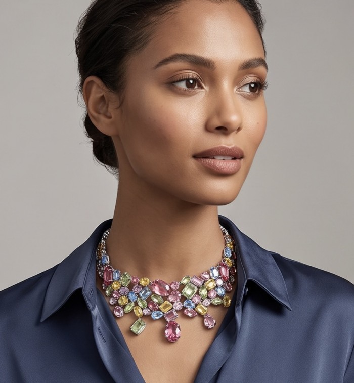Dolce Vita 184.5 carat multicolor Topaz .925 Sterling Silver rhodium over handcrafted Statement Choker necklace - Side view of Dolce Vita multicolor Topaz necklace worn with blue shirt.