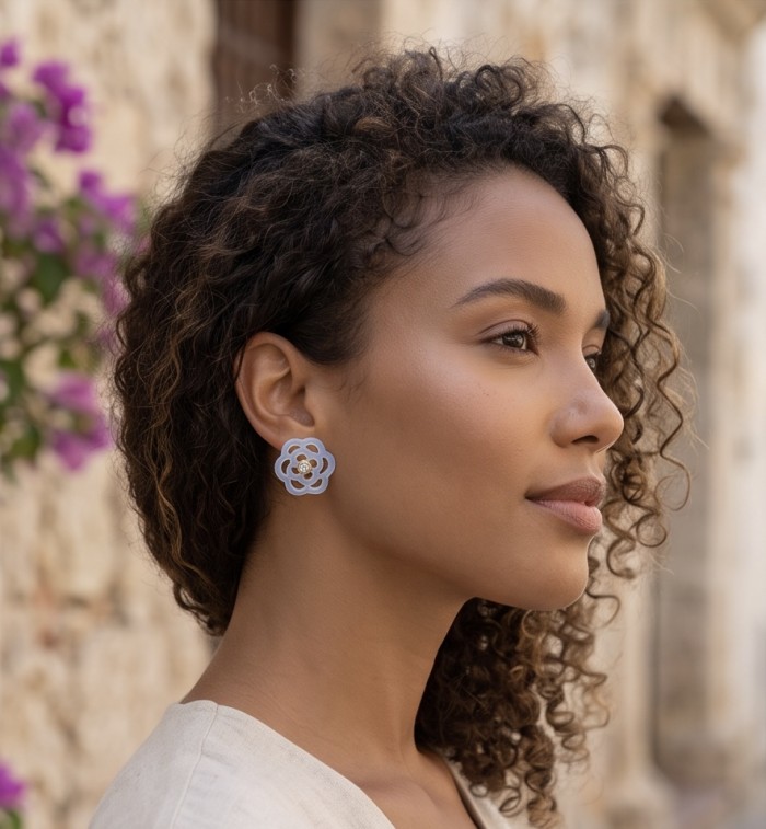 Genuine Blister Pearl .925 Sterling Silver dipped in 18K Gold handcrafted Statement Earrings - Side view: Woman wearing Genuine Blister Pearl sterling silver earrings.